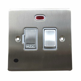 13A Switched Fused Spur with Neon and Cord in Satin Nickel Plate and Switch with White Plastic Insert, Elite Flat Plate