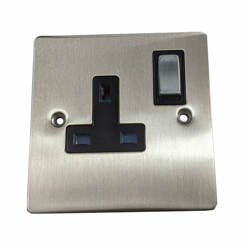1 Gang 13A Switched Single Socket in Satin Nickel Plate and Switch with Black Plastic Trim, Elite Flat Plate