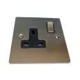 1 Gang 13A Switched Single Socket in Satin Nickel Plate and Switch with Black Plastic Trim, Elite Flat Plate