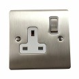 1 Gang 13A Switched Single Socket in Satin Nickel Plate and Switch with White Plastic Trim, Elite Flat Plate