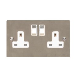2 Gang 13A Switched Twin Socket in Satin Nickel Plate and Switch with White Plastic Trim, Elite Flat Plate