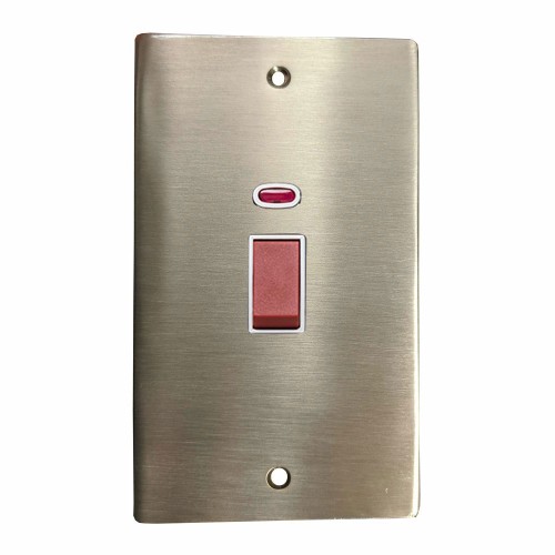 45A Red Rocker Cooker Switch with Neon Flat Plate (twin plate) in Satin Nickel Flat Plate with White Trim