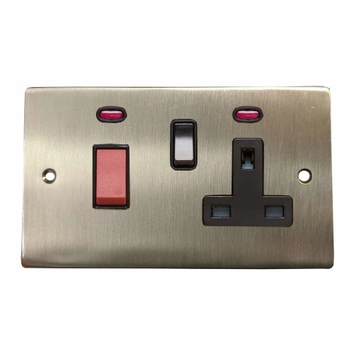 45A Cooker Unit with 13A Switched Socket and Neon in Satin Nickel Plate with Black Trim, Elite Flat Plate
