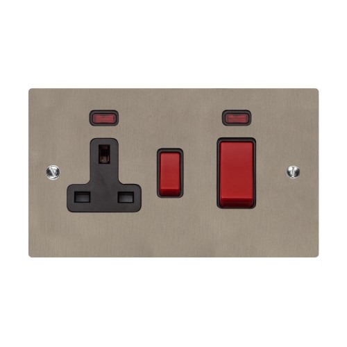 45A Cooker Unit with 13A Switched Socket and Neon in Satin Nickel Plate with Black Trim, Elite Flat Plate