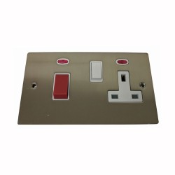 45A Cooker Unit with 13A Switched Socket and Neon in Satin Nickel Plate with White Trim, Elite Flat Plate