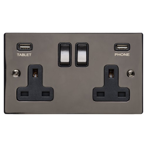2 Gang 13A Socket with 2 USB Sockets in Polished Black Nickel Flat Plate with Black Trim, Elite Flat Plate