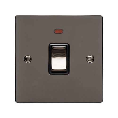 1 Gang 20A Double Pole Switch with Neon Polished Black Nickel Plate and Switch with Black Plastic Trim