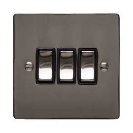 3 Gang 2 Way 10A Rocker Switch in Polished Black Nickel Plate and Switch with Black Plastic Trim