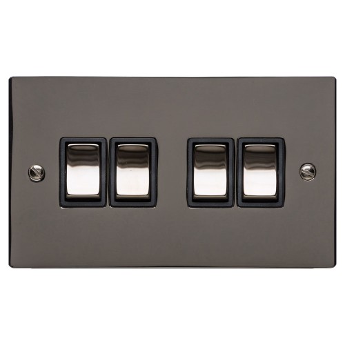 4 Gang 2 Way 10A Rocker Switch in Polished Black Nickel Plate and Switch with Black Plastic Trim