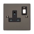 1 Gang 13A Switched Single Socket in Polished Black Nickel Flat Plate and Rocker Switch with Black Trim