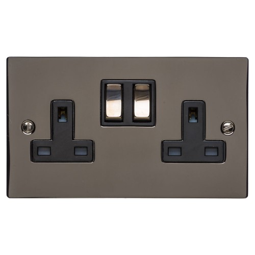 2 Gang 13A Switched Double Socket in a Polished Black Nickel Flat Plate with Switch with Black Plastic Trim