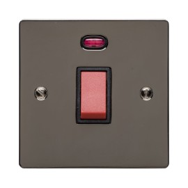 45A Red Rocker Cooker Switch (Single Plate) with Neon Polished Black Nickel Elite Flat Plate with Black Trim