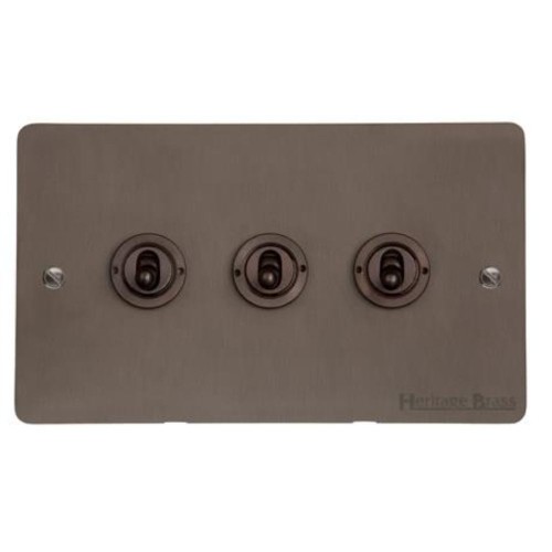 3 Gang 2 Way 20A Dolly Switch in Matt Bronze Flat Plate and Toggle, Elite Flat Plate