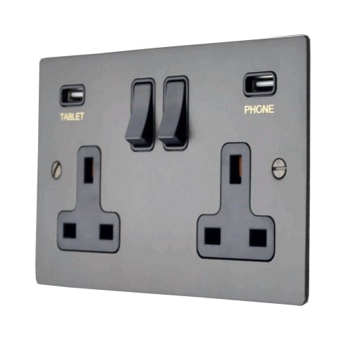 2 Gang 13A Socket with 2 USB Sockets in Matt Bronze Flat Plate with Black Trim, Elite Flat Plate