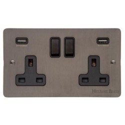 2 Gang 13A Socket with 2 USB Sockets in Matt Bronze Flat Plate with Black Trim, Elite Flat Plate