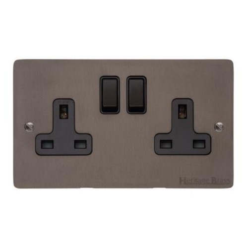 2 Gang 13A Switched Double Socket in a Matt Bronze Flat Plate with Switch with Black Plastic Trim