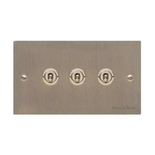 3 Gang 2 Way 20A Dolly Switch in Antique Brass Flat Plate and Toggle, Elite Flat Plate
