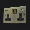 2 Gang 13A Socket with 2 USB Socket Chargers Antique Brass Elite Flat Plate with Black Trim