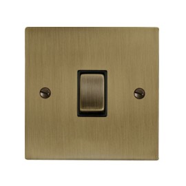1 Gang 20A Double Pole Rocker Switch in Antique Brass Elite Flat Plate and Switch with Black Trim