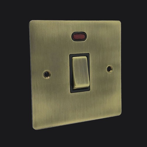 1 Gang 20A Double Pole Switch with Neon in Antique Brass Elite Flat Plate and Switch with Black Trim