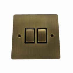 2 Gang Intermediate 10A Rocker Switch in Antique Brass Elite Flat Plate and Switch with Black Insert