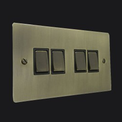 4 Gang 2 Way 10A Rocker Switch in Antique Brass Elite Flat Plate and Switch with Black Trim