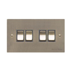 4 Gang 2 Way 10A Rocker Switch in Antique Brass Elite Flat Plate and Switch with Black Trim