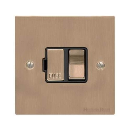1 Gang 13A Switched Fused Spur in Antique Brass Elite Flat Plate and Switch with Black Trim