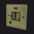 1 Gang 13A Switched Fused Spur With Neon and Cord in Antique Brass Elite Flat Plate and Switch with Black Trim
