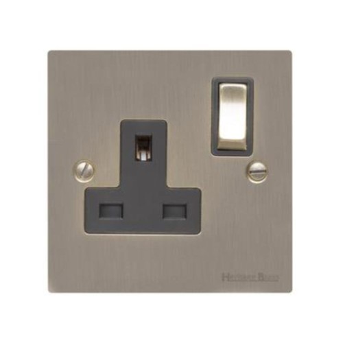 1 Gang 13A Switched Single Socket in Antique Brass Elite Flat Plate and Switch with Black Trim