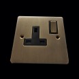 1 Gang 13A Switched Single Socket in Antique Brass Elite Flat Plate and Switch with Black Trim