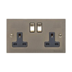 2 Gang 13A Switched Twin Socket in Antique Brass Elite Flat Plate and Switch with Black Trim