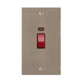 1 Gang 45A Red Rocker Cooker Switch with Neon (Twin Plate) in Antique Brass Elite Flat Plate with Black Trim