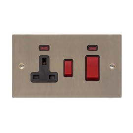 2 Gang 45A Cooker Unit with 13A Switched Socket and Neon in Antique Brass Elite Black Trim Elite Flat Plate