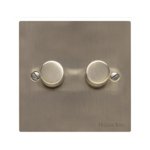 2 Gang 2 Way Trailing Edge LED Dimmer 10-120W Antique Brass Elite Flat Plate and Knob