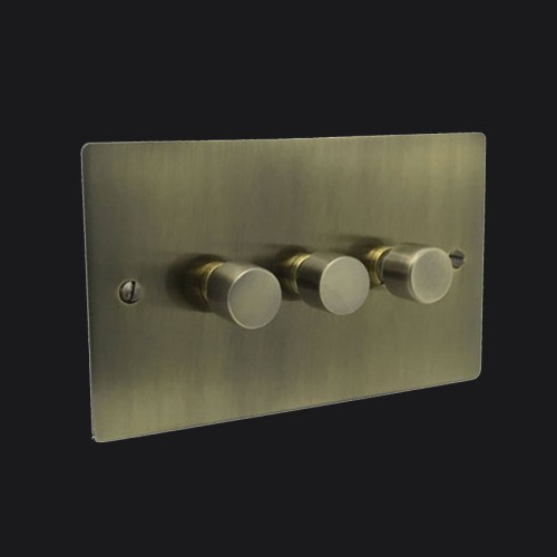 3 Gang 2 Way Trailing Edge LED Dimmer 10-120W Antique Brass Elite Flat Plate and Knob