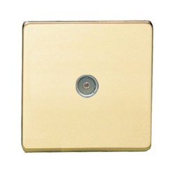 1 Gang TV/Coaxial Socket Non-Isolated in Screwless Polished Brass a White Insert Flat Plate Studio Range