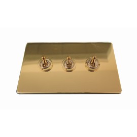 3 Gang 2 Way Dolly Switch Screwless Polished Brass Flat Plate and Dolly, Studio Range