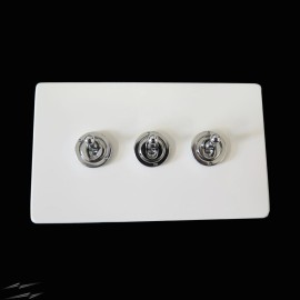 Screwless Primed White 3 Gang 2 Way 20A Chrome Dolly Switch on a Paintable Flat Plate