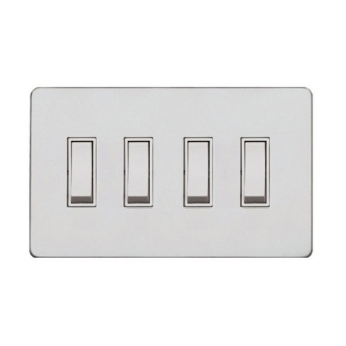 Screwless Primed White 4 Gang 2 Way 20A Grid Switch, White Plastic Rockers on a Paintable Flat Plate