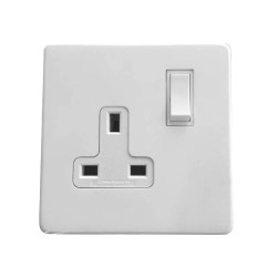 Screwless Primed White 1 Gang Single 13A Switched Socket with White Plastic Rocker on a Paintable Flat Plate