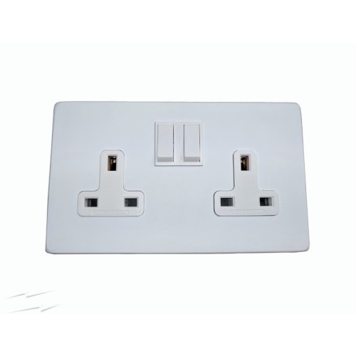 Screwless Primed White 2 Gang Double 13A Switched Socket White Plastic Rockers on a Paintable Flat Plate