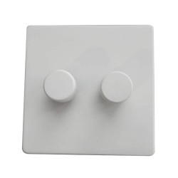 Screwless Primed White 2 Gang 2 Way 10-120W Trailing Edge LED Dimmer on a Paintable Flat Plate