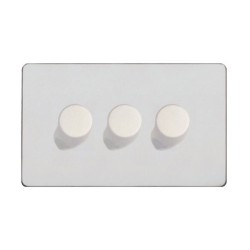 Screwless Primed White 3 Gang 2 Way 10-120W Trailing Edge LED Dimmer on a Paintable Flat Plate