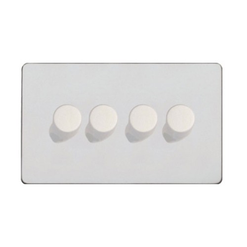 Screwless Primed White 4 Gang 2 Way 10-120W Trailing Edge LED Dimmer on a Paintable Flat Plate