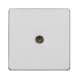 Screwless Primed White 1 Gang TV Non-Isolated Socket with White Plastic Trim on a Paintable Flat Plate