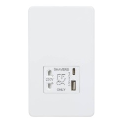 Shaver Socket with Dual USB Charger A+C (5V DC 2.4A shared) Screwless Matt White with White Trim Knightsbridge SF8909MW