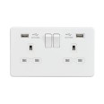 2 Gang 13A Switched Socket with Dual USB Charger 5V 2.1A Screwless Matt White Flat Metal Plate Knightsbridge SFR9902MW