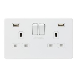 2 Gang SP Switched Socket with 2x USB-A (5V DC 2.4A shared) Matt White Screwless Plate with White Trim Knightsbridge SFR9224MW