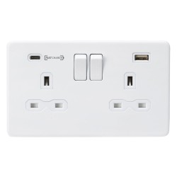 2 Gang 13A Switched Socket with Dual USB Charger 1 x Type C Fast Charge + 1 x USB Matt White Screwless Flat Plate